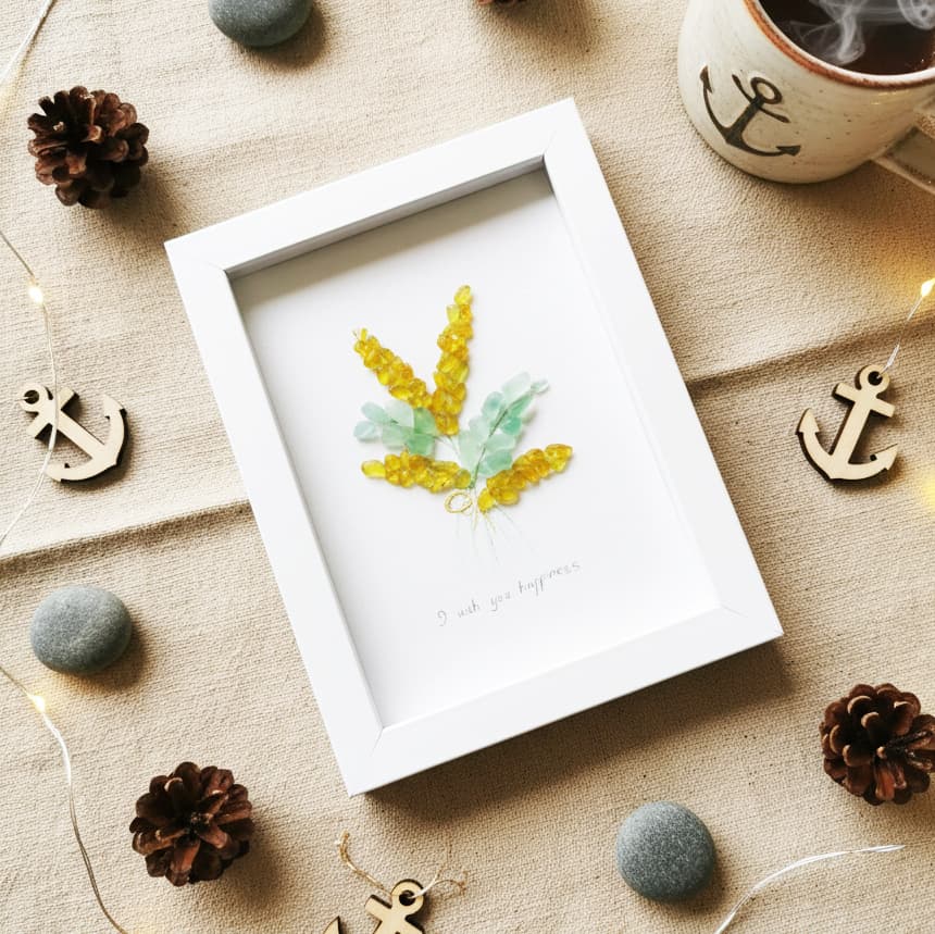 Tranh bình yên xanh khung kính không bo bó hoa vàng may mắn mẫu 14